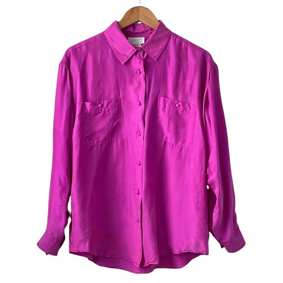 Vintage 100% Silk Bright Fushia Pink Button Down Long Sleeve Blouse Shirt Tunic - Picture 2 of 7